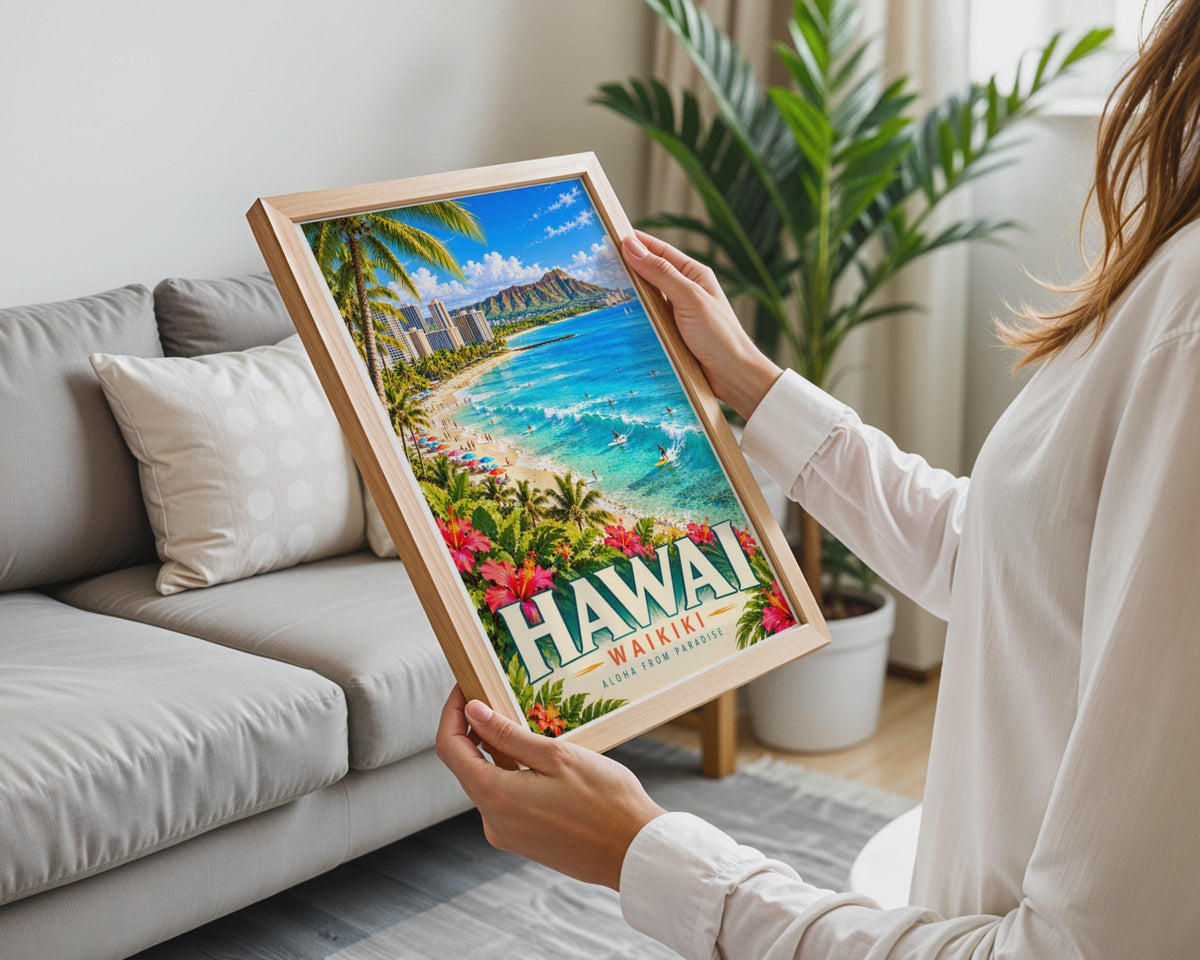 Vintage Waikiki Beach Poster, Diamond Head, Tropical Surf Art (Physical Print)