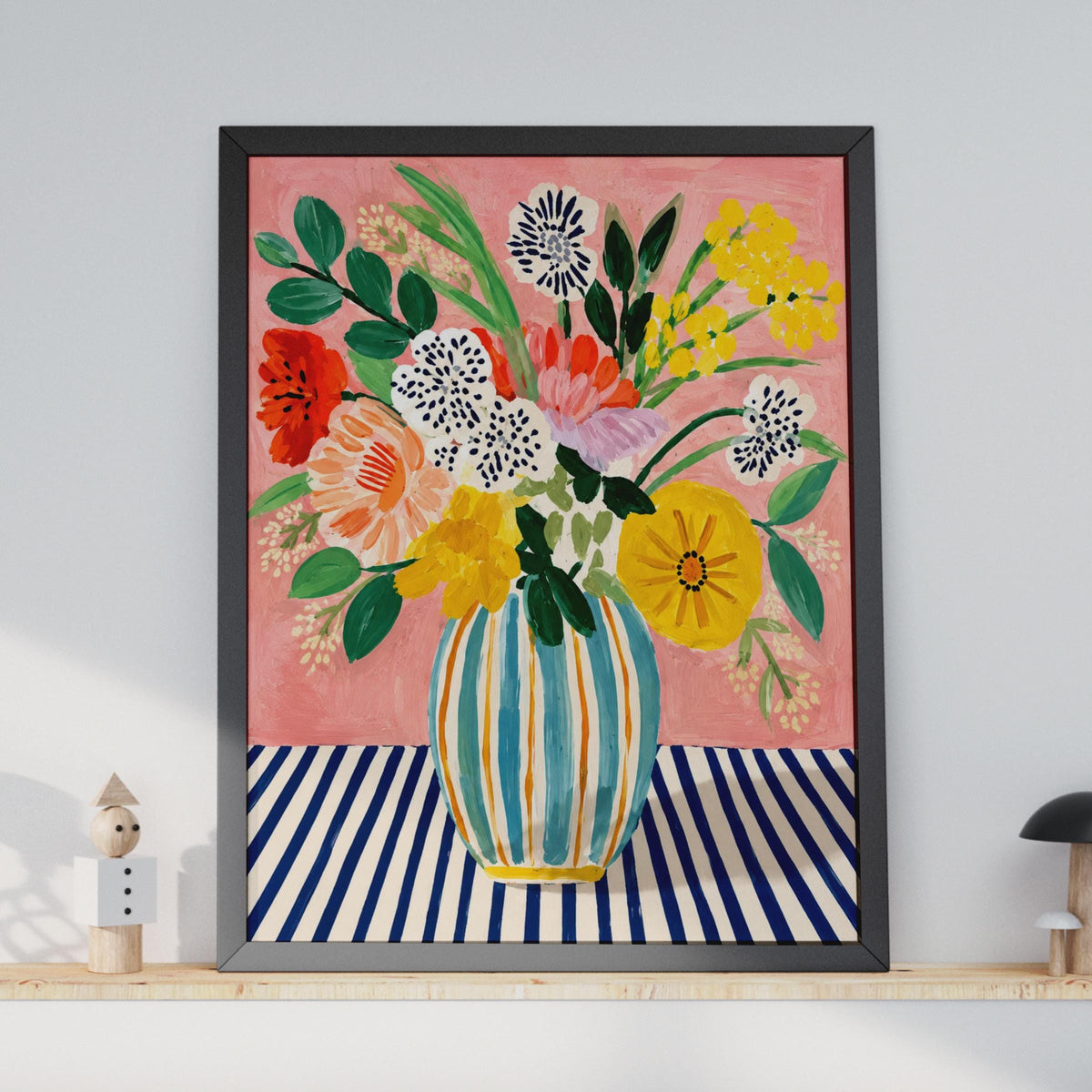 Maximalist Floral Vase Wall Art Print, Bold Blooms, Pink Background (A4)