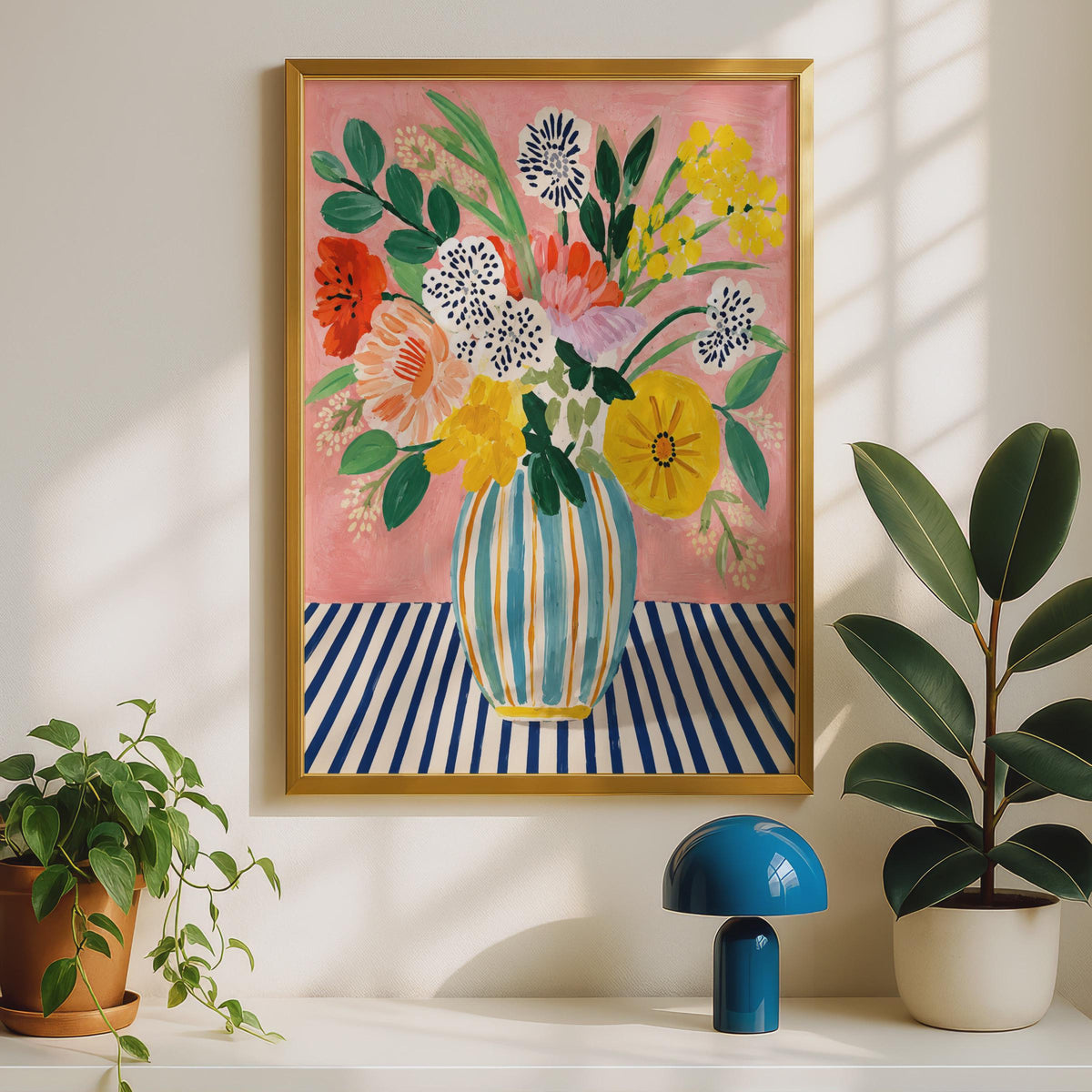 Maximalist Floral Vase Wall Art Print, Bold Blooms, Pink Background (A4)