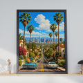 Retro Los Angeles Skyline Poster, Palm Trees, Classic Cars, California Home Decor