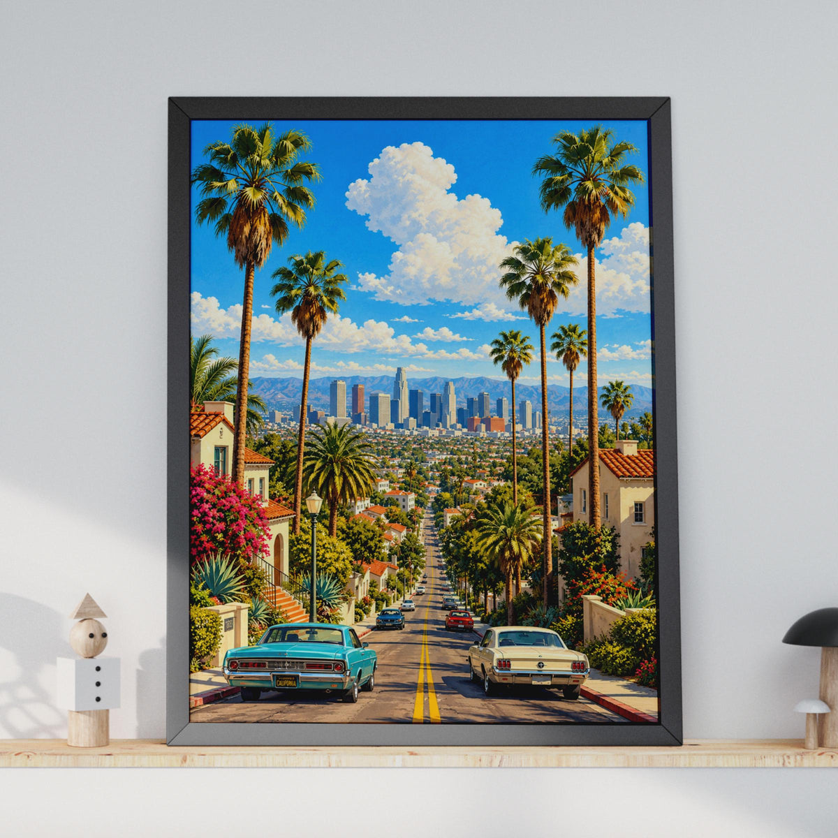 Retro Los Angeles Skyline Poster, Palm Trees, Classic Cars, California Home Decor