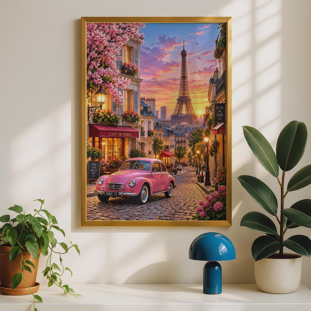 Paris Sunset Poster, Pink Car, Eiffel Tower, Cafe de Paris (Print)