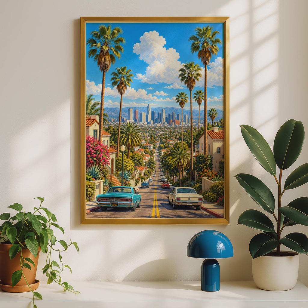 Retro Los Angeles Skyline Poster, Palm Trees, Classic Cars, California Home Decor
