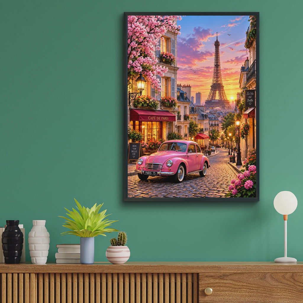 Paris Sunset Poster, Pink Car, Eiffel Tower, Cafe de Paris (Print)