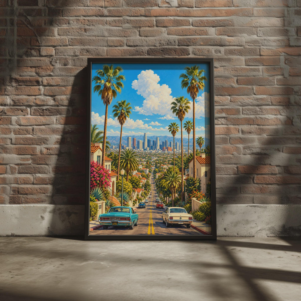 Retro Los Angeles Skyline Poster, Palm Trees, Classic Cars, California Home Decor