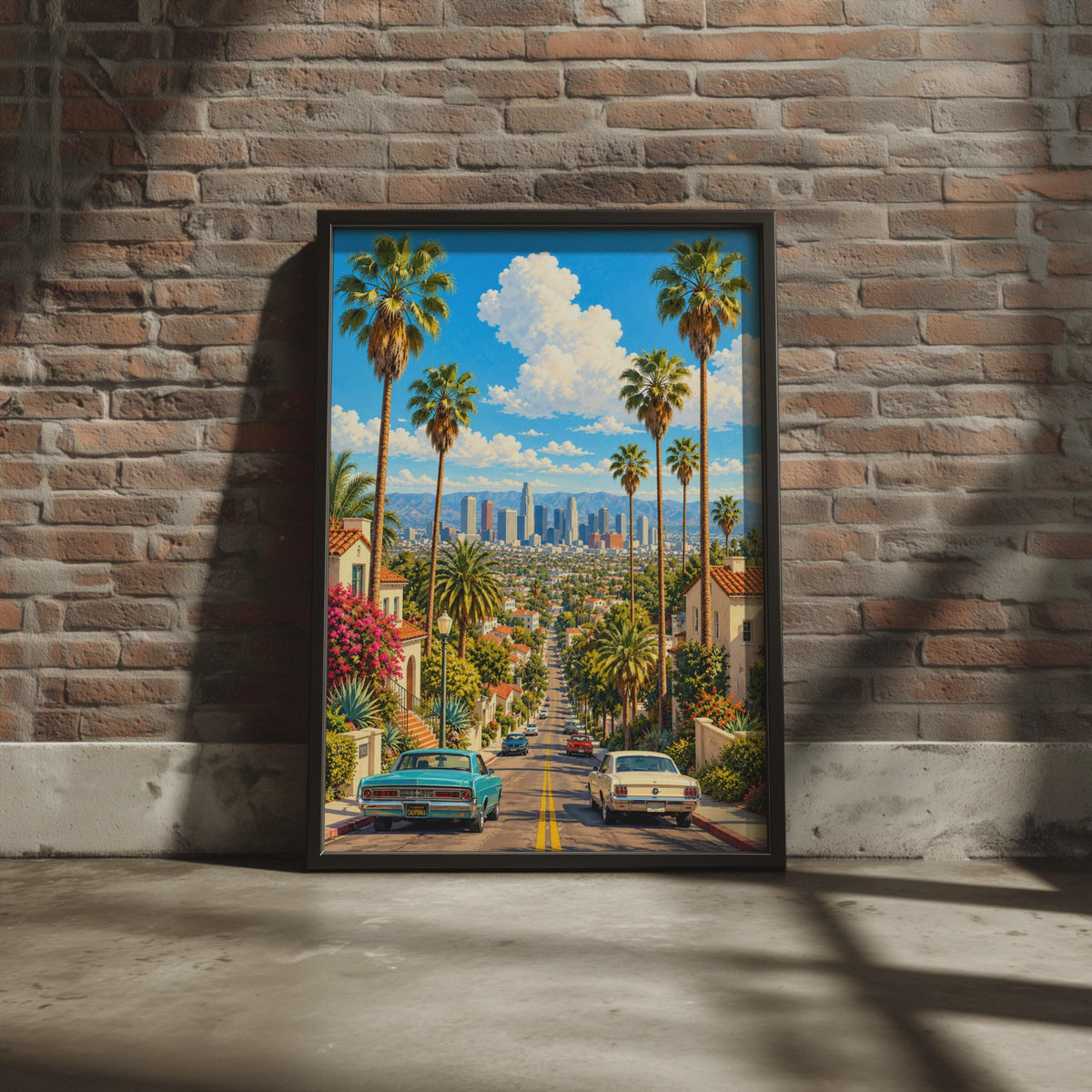 Retro Los Angeles Skyline Poster, Palm Trees, Classic Cars, California Home Decor