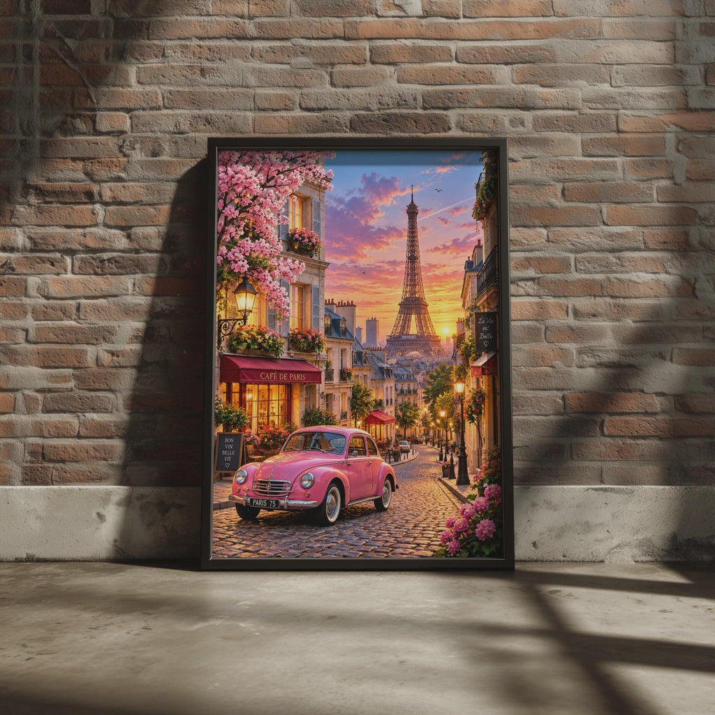 Paris Sunset Poster, Pink Car, Eiffel Tower, Cafe de Paris (Print)