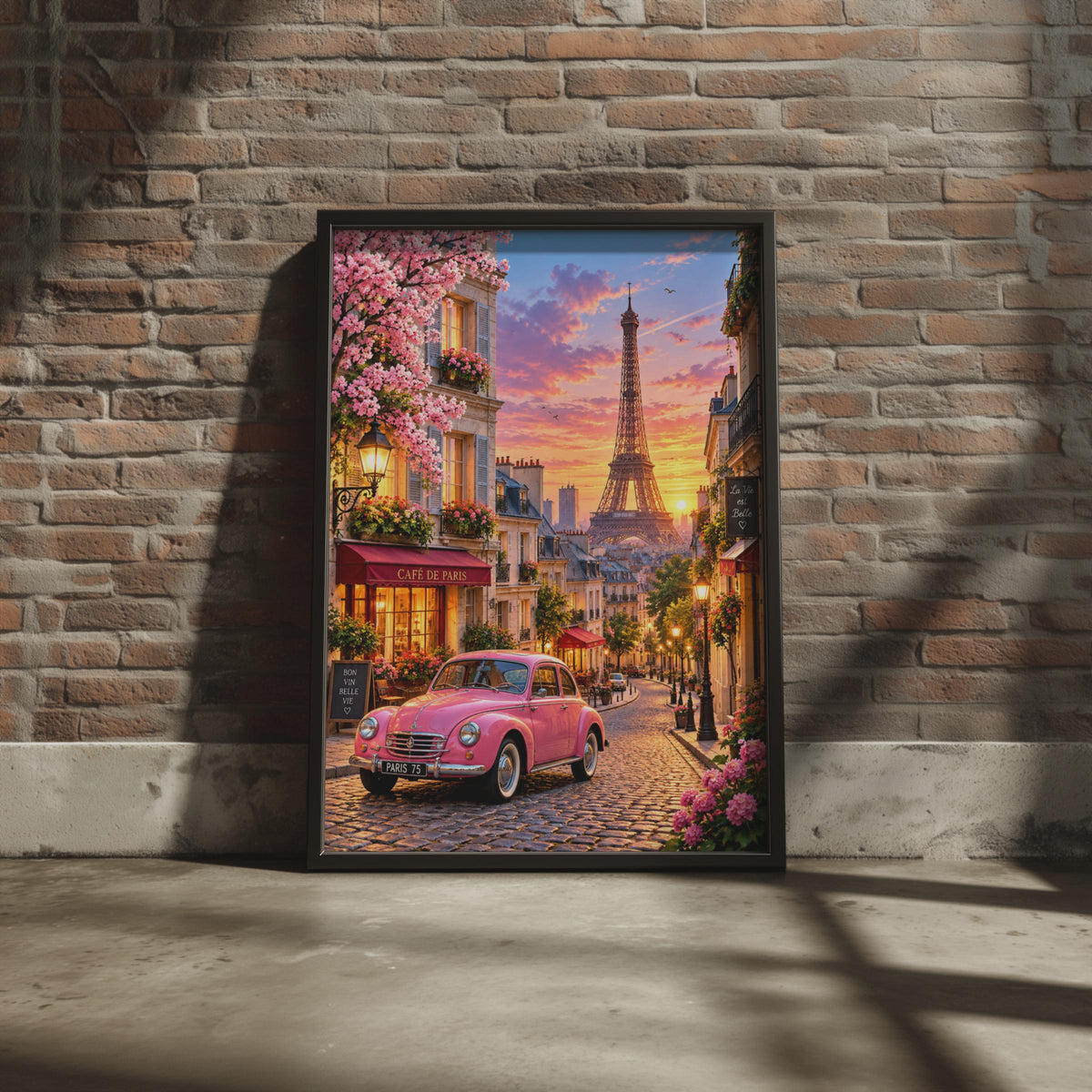 Paris Sunset Poster, Pink Car, Eiffel Tower, Cafe de Paris (Print)
