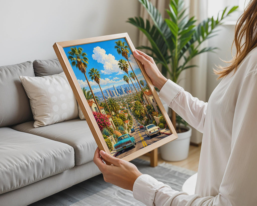 Retro Los Angeles Skyline Poster, Palm Trees, Classic Cars, California Home Decor