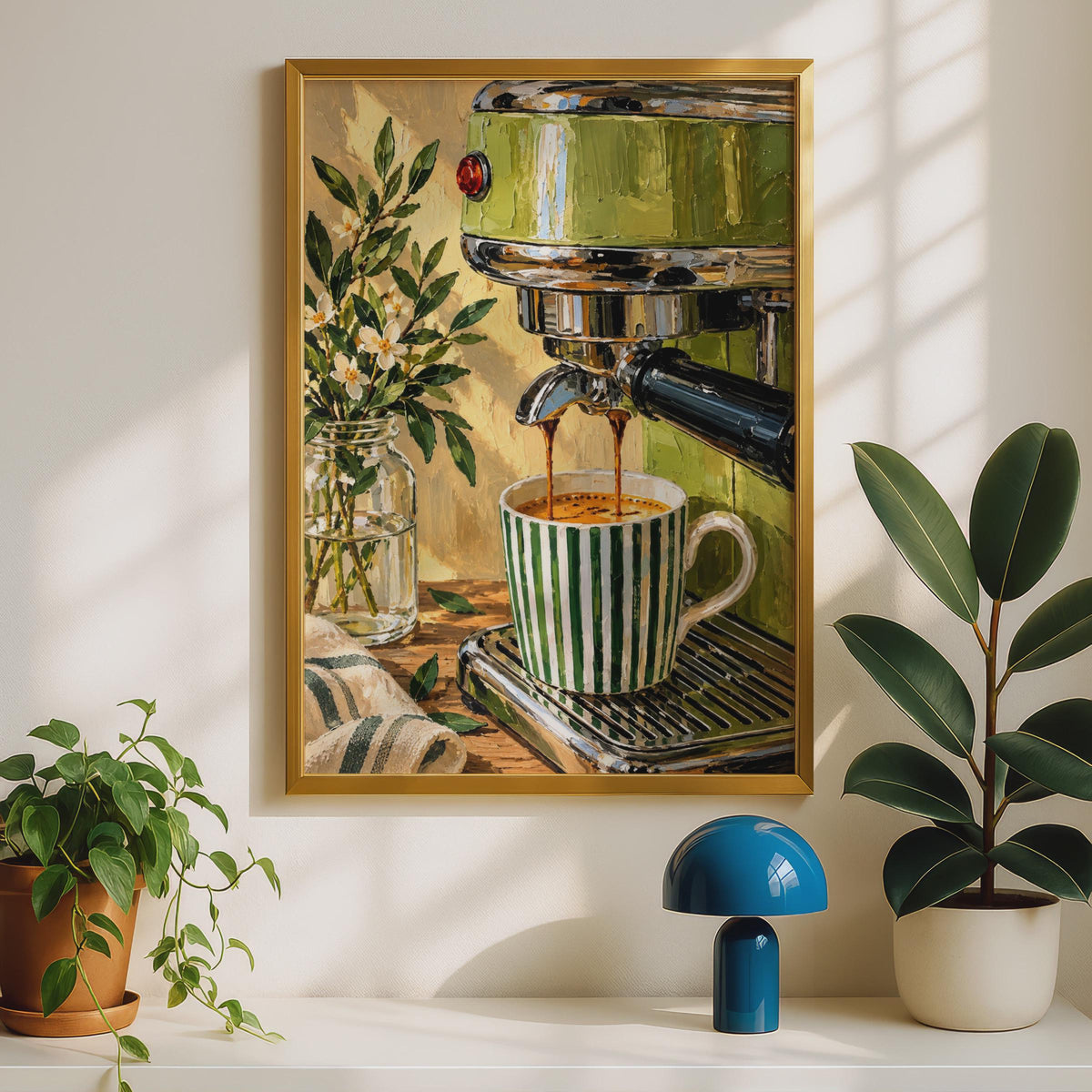 Oil Painting Style Espresso Machine Poster, Green Coffee Art, Kitchen Cafe Decor (A4 Print)