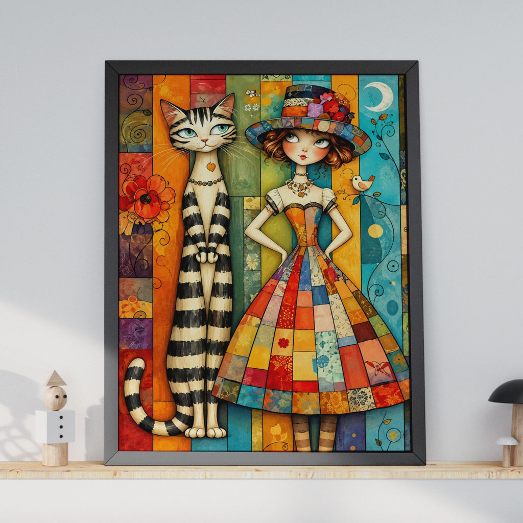Whimsical Girl and Cat Folk Art Print, Patchwork Dress, Striped Cat, Boho Nursery Decor