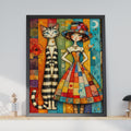 Whimsical Girl and Cat Folk Art Print, Patchwork Dress, Striped Cat, Boho Nursery Decor