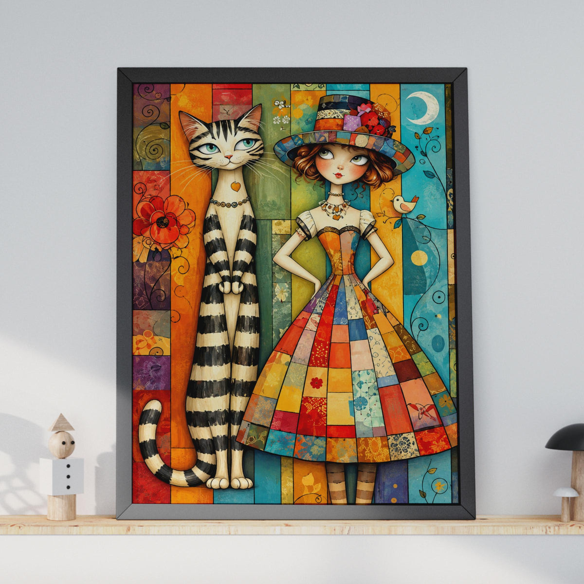 Whimsical Girl and Cat Folk Art Print, Patchwork Dress, Striped Cat, Boho Nursery Decor