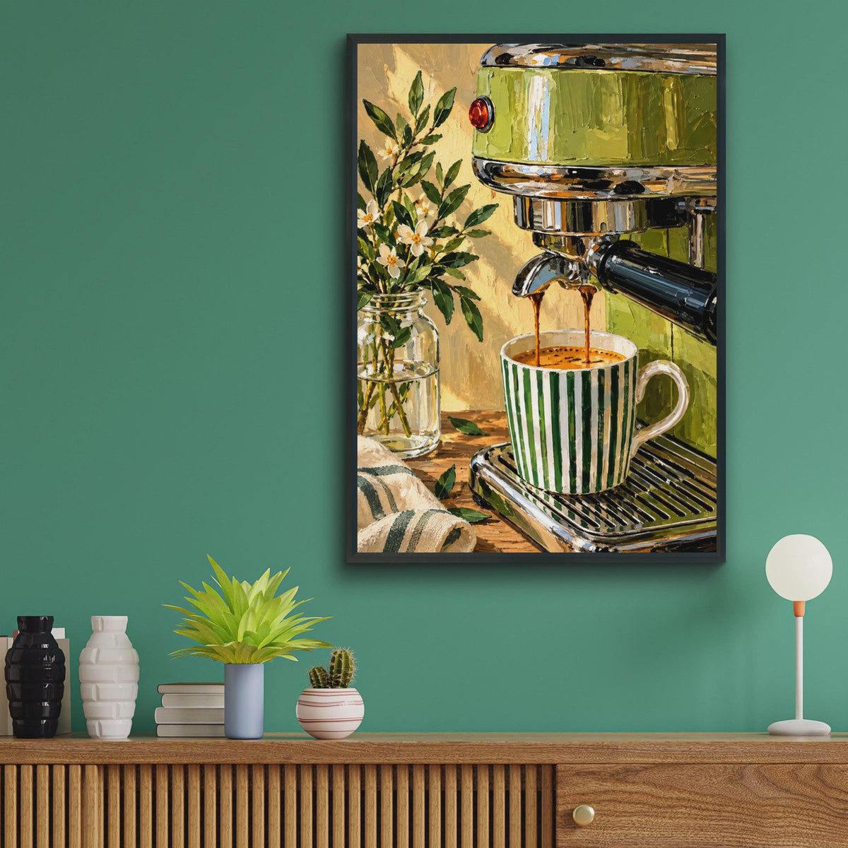 Oil Painting Style Espresso Machine Poster, Green Coffee Art, Kitchen Cafe Decor (A4 Print)