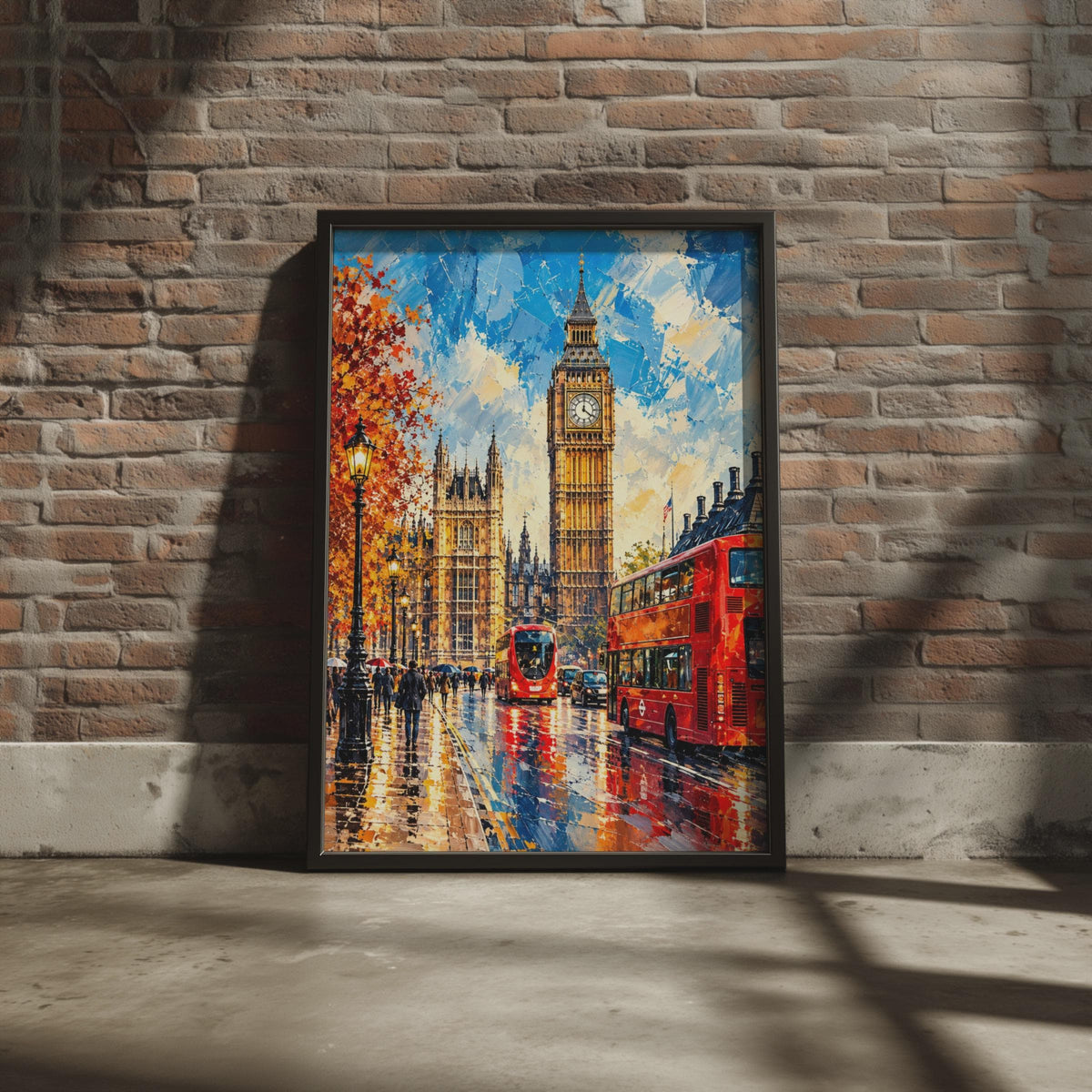London Big Ben Print, Red Bus, Autumn Street Scene, Oil Painting Style Poster