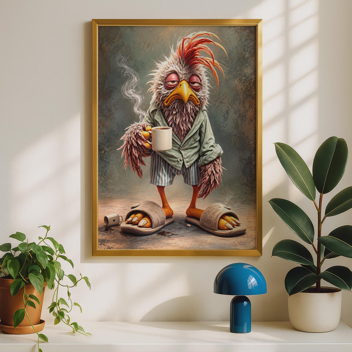 Grumpy Rooster Coffee Poster, Funny Kitchen Wall Art, Quirky Animal Decor (A4 Print)