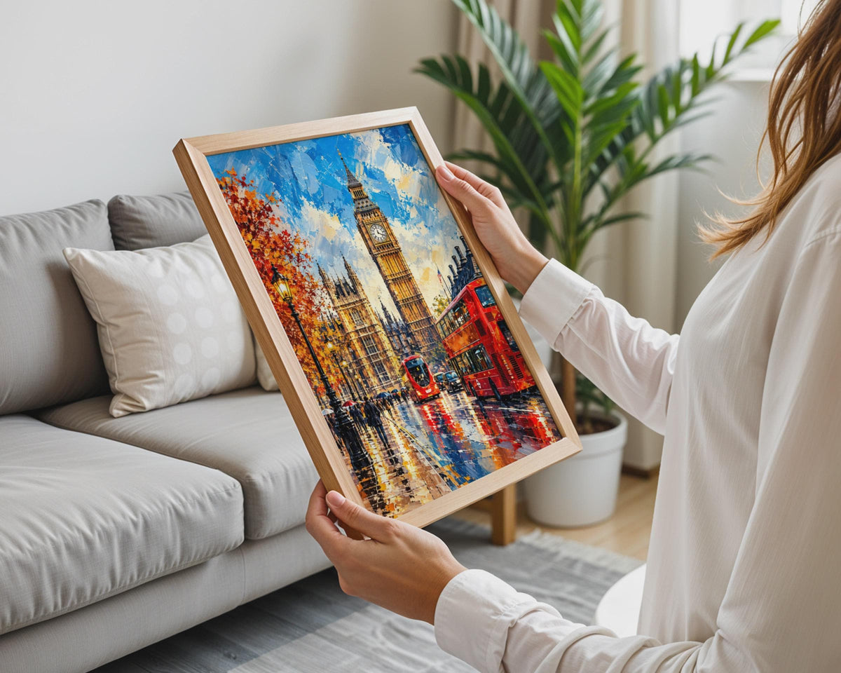 London Big Ben Print, Red Bus, Autumn Street Scene, Oil Painting Style Poster