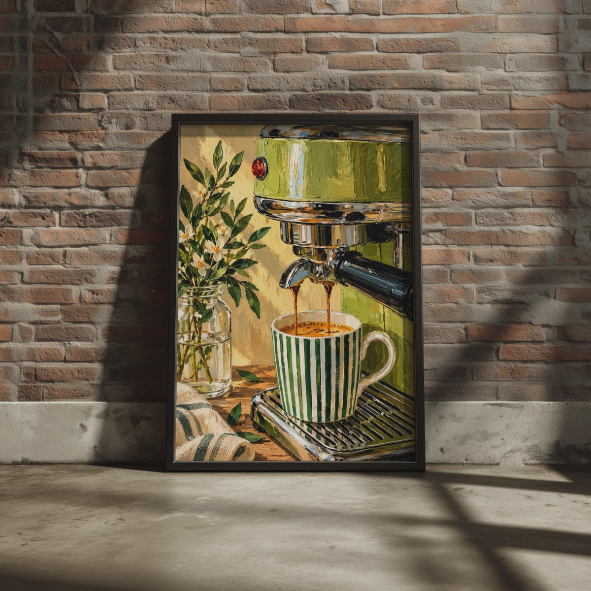 Oil Painting Style Espresso Machine Poster, Green Coffee Art, Kitchen Cafe Decor (A4 Print)
