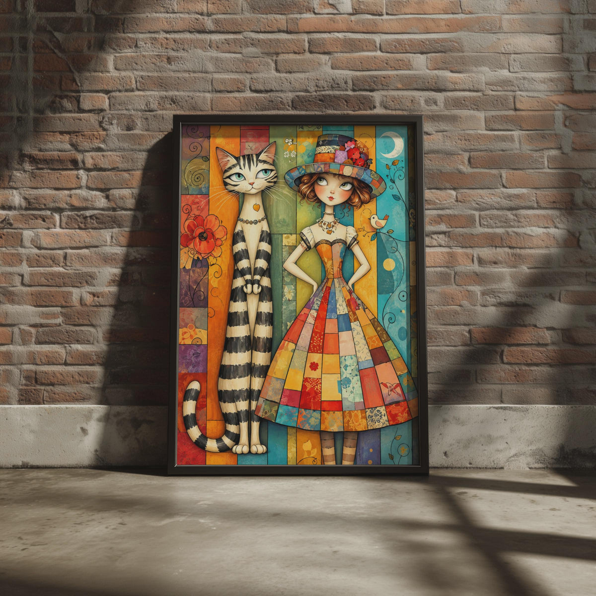Whimsical Girl and Cat Folk Art Print, Patchwork Dress, Striped Cat, Boho Nursery Decor