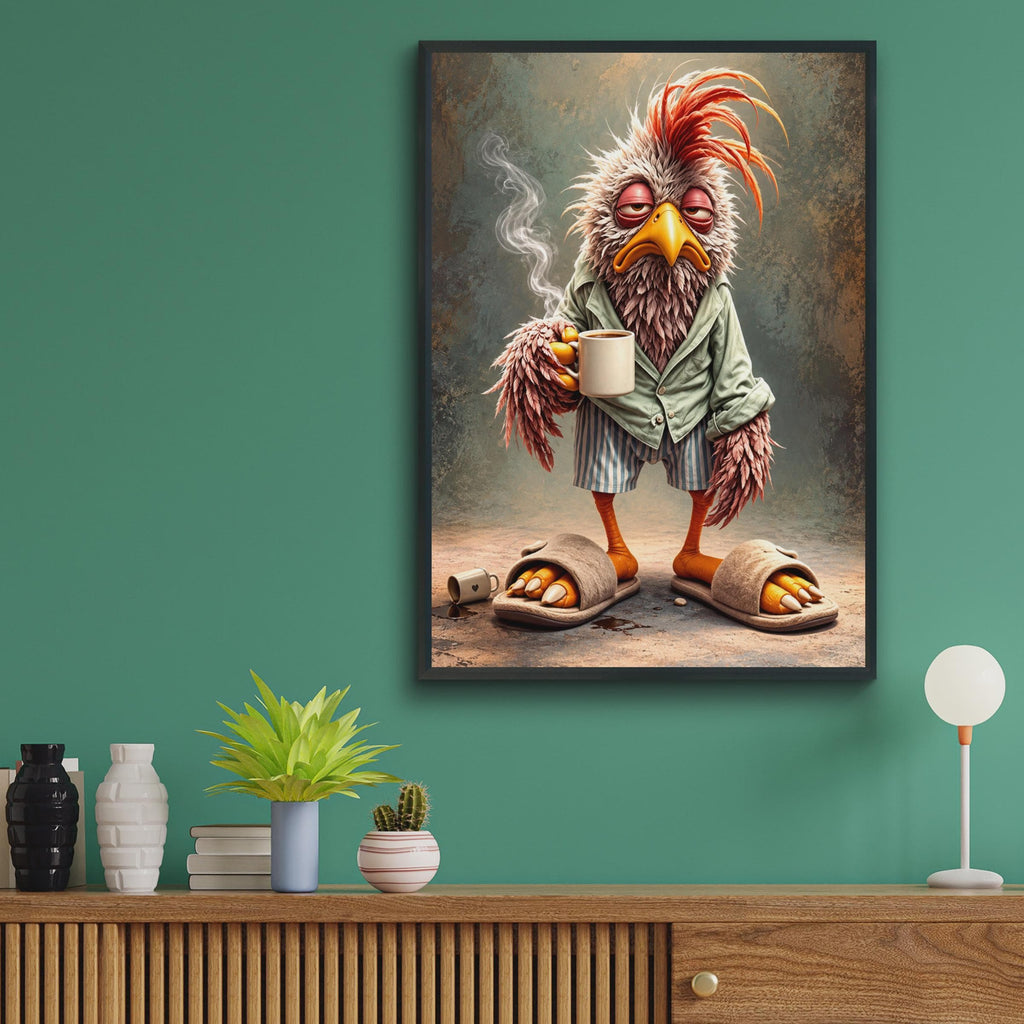 Grumpy Rooster Coffee Poster, Funny Kitchen Wall Art, Quirky Animal Decor (A4 Print)