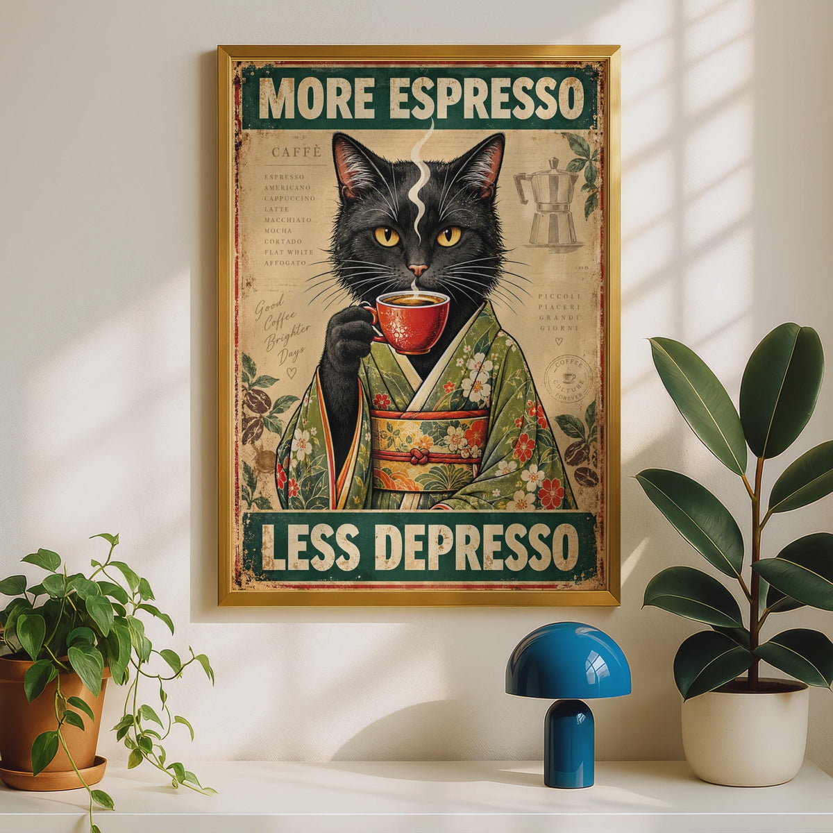 Vintage Black Cat Kimono Espresso Poster, Retro Coffee Art Print (Physical)