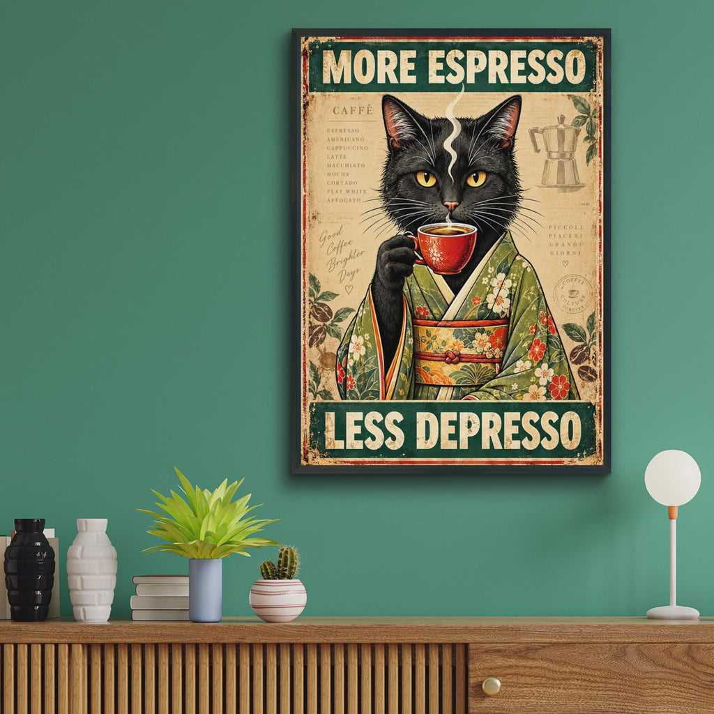 Vintage Black Cat Kimono Espresso Poster, Retro Coffee Art Print (Physical)
