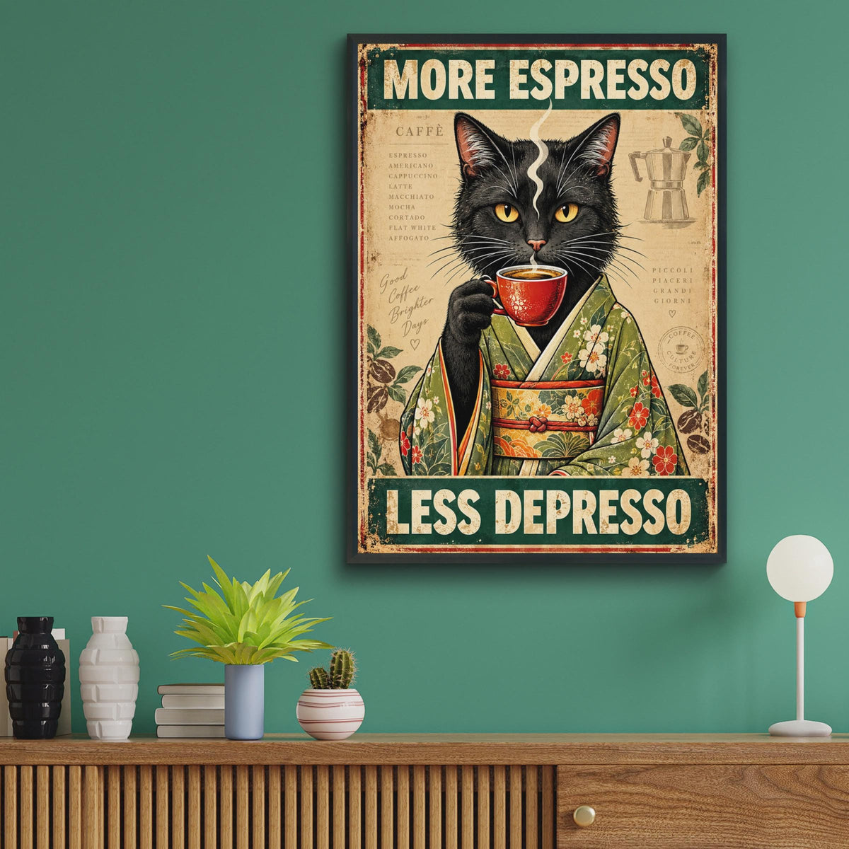Vintage Black Cat Kimono Espresso Poster, Retro Coffee Art Print (Physical)