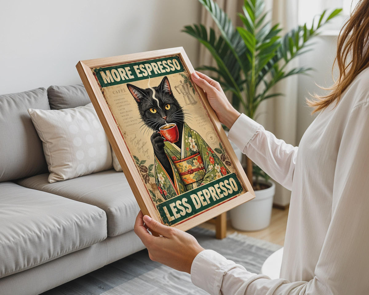 Vintage Black Cat Kimono Espresso Poster, Retro Coffee Art Print (Physical)
