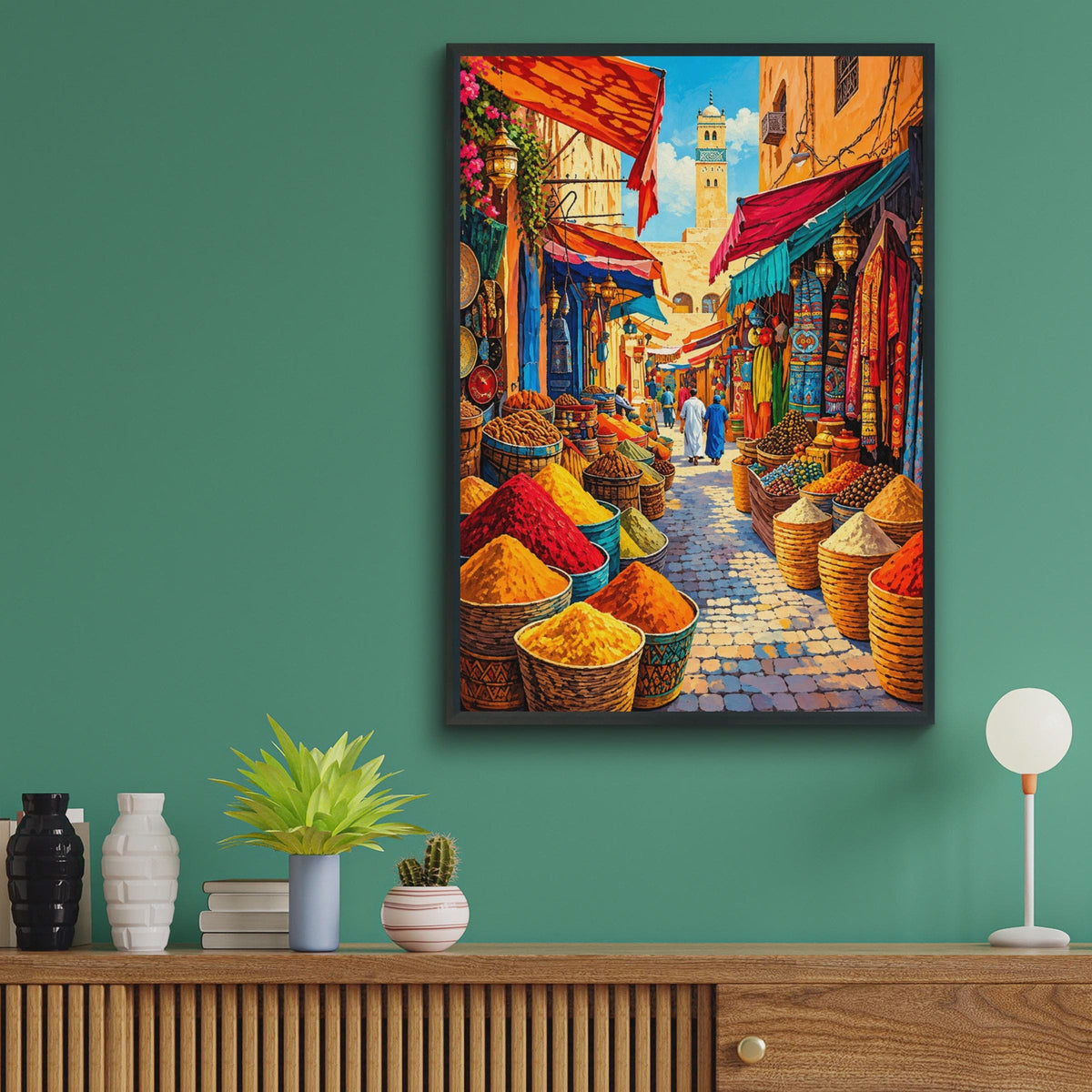 Moroccan Souk Wall Art Print, Vibrant Spice Market, North Africa Travel Decor (Poster)