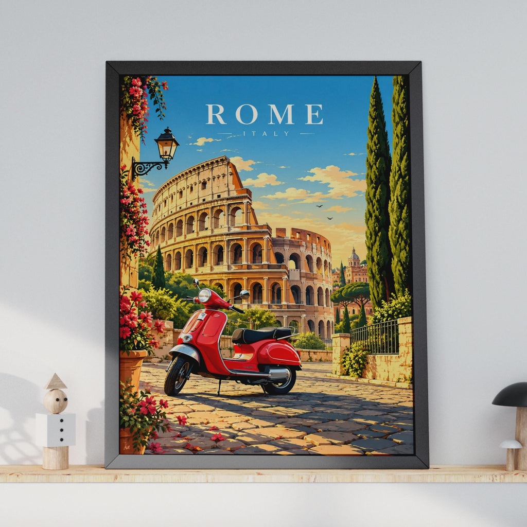 Rome Italy Travel Poster, Colosseum, Red Scooter, Mediterranean Home Decor (Printed Poster)