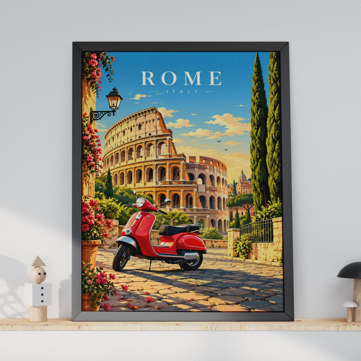 Rome Italy Travel Poster, Colosseum, Red Scooter, Mediterranean Home Decor (Printed Poster)
