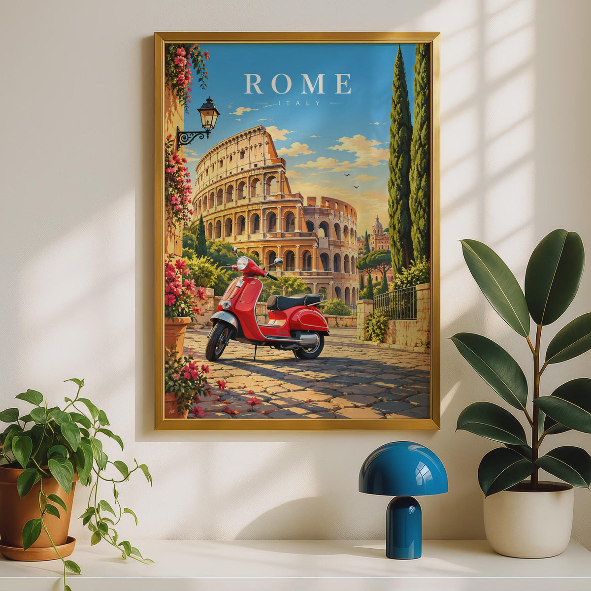 Rome Italy Travel Poster, Colosseum, Red Scooter, Mediterranean Home Decor (Printed Poster)