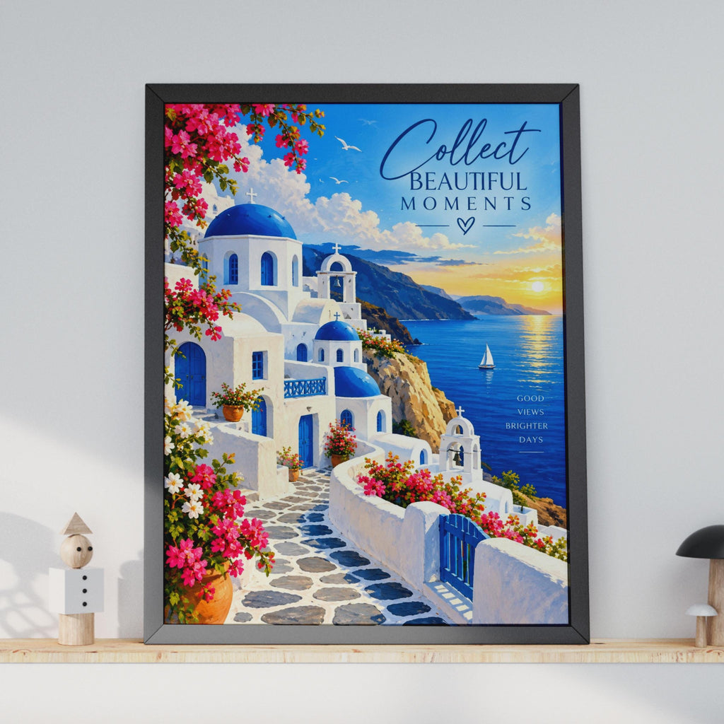 Santorini Greek Island Wall Art Print, Blue Dome Church, Mediterranean Sunset (A4)