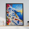 Santorini Greek Island Wall Art Print, Blue Dome Church, Mediterranean Sunset (A4)