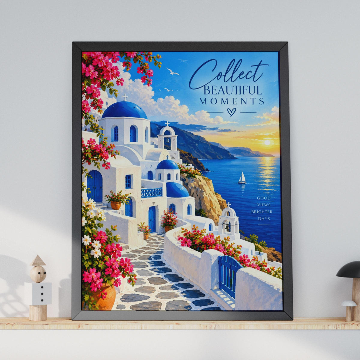 Santorini Greek Island Wall Art Print, Blue Dome Church, Mediterranean Sunset (A4)