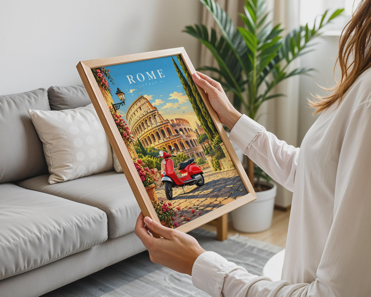 Rome Italy Travel Poster, Colosseum, Red Scooter, Mediterranean Home Decor (Printed Poster)