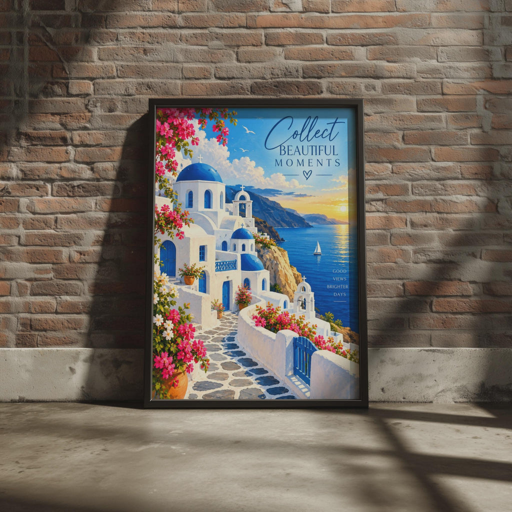 Santorini Greek Island Wall Art Print, Blue Dome Church, Mediterranean Sunset (A4)
