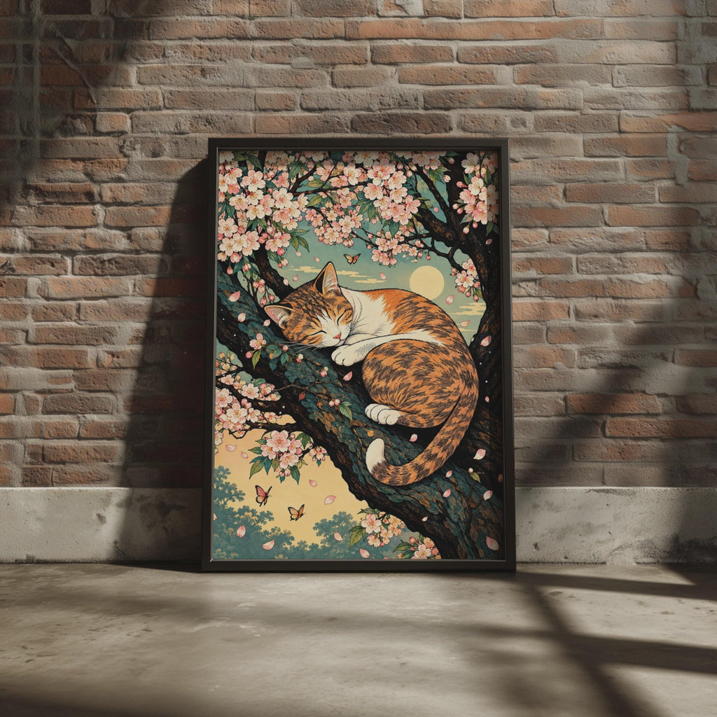Japanese Woodblock Style Calico Cat Cherry Blossom Poster, Botanical Animal Art (A4)