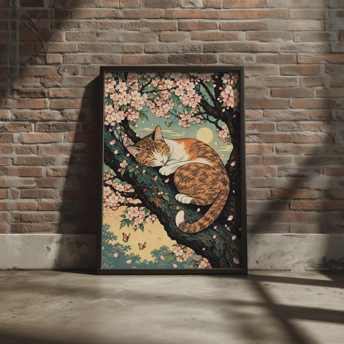 Japanese Woodblock Style Calico Cat Cherry Blossom Poster, Botanical Animal Art (A4)