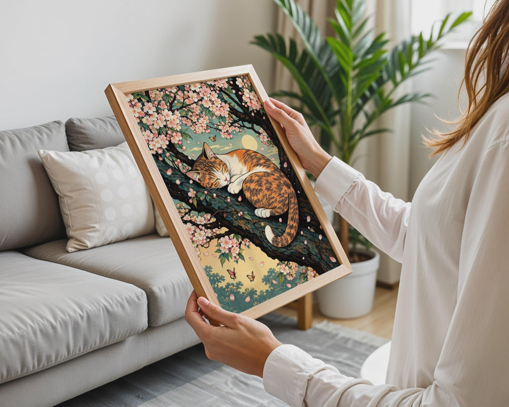 Japanese Woodblock Style Calico Cat Cherry Blossom Poster, Botanical Animal Art (A4)