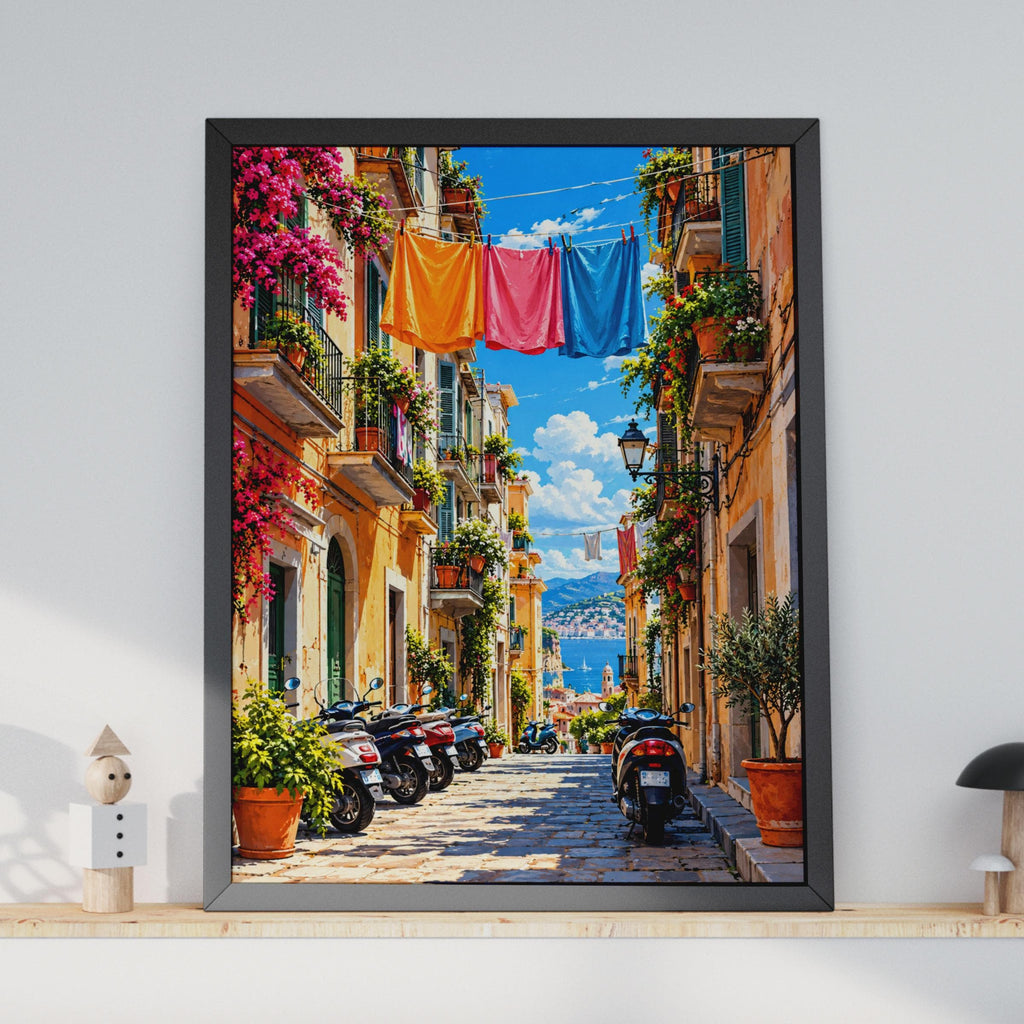 Mediterranean Alley Art Print, Colorful Italian Street, Bougainvillea Wall Decor (Digital Download)