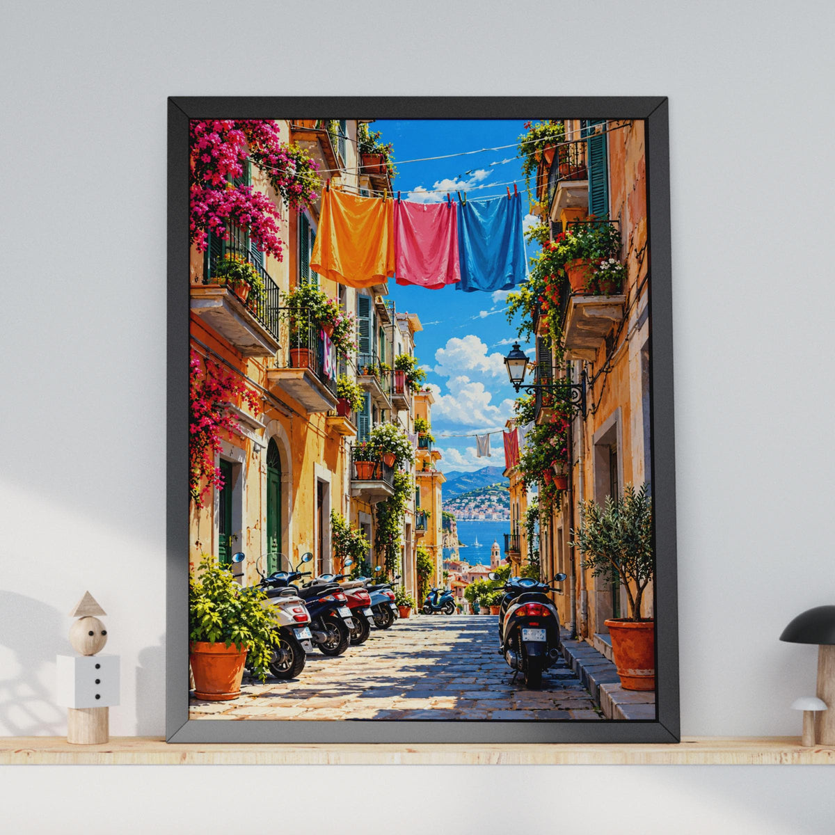 Mediterranean Alley Art Print, Colorful Italian Street, Bougainvillea Wall Decor (Digital Download)