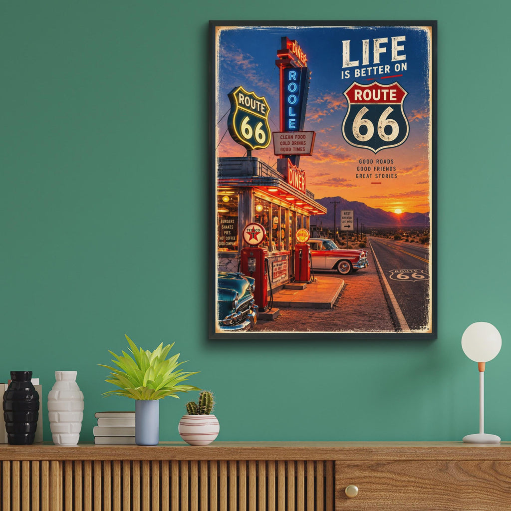 Route 66 Retro Diner Poster, Neon Sign, Classic Cars, Desert Sunset (Printed Poster)
