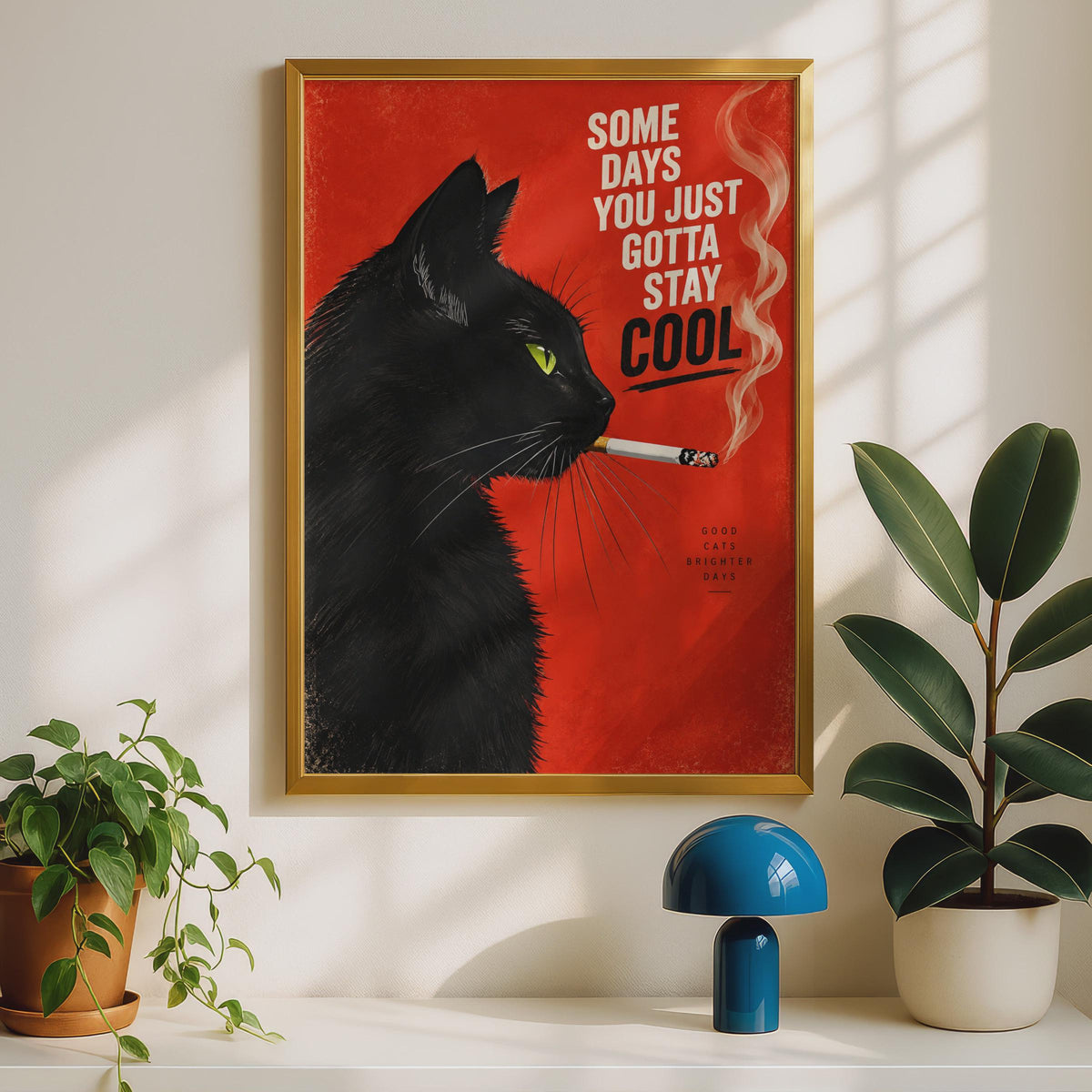 Retro Black Cat Poster, Bold Red Background, Vintage Style Print (A4)