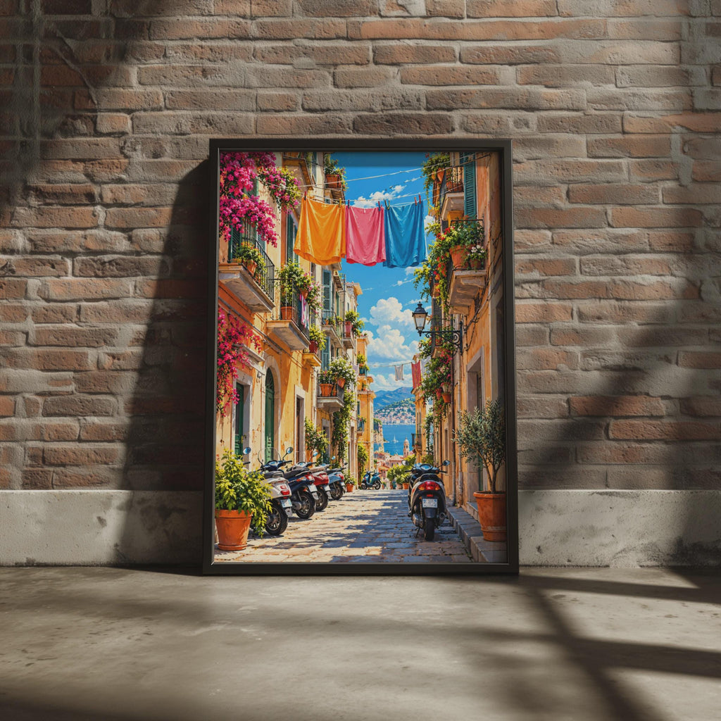 Mediterranean Alley Art Print, Colorful Italian Street, Bougainvillea Wall Decor (Digital Download)