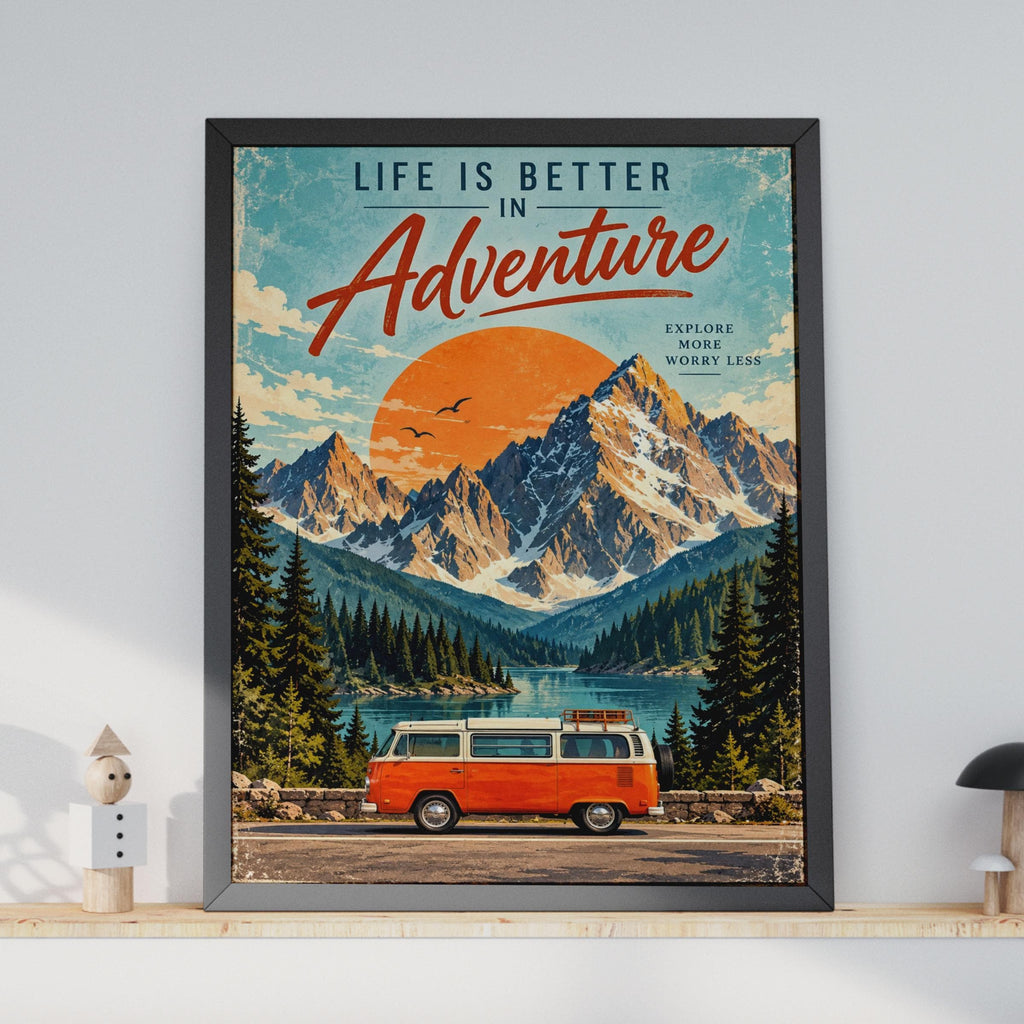 Retro Adventure Van Poster, Alpine Lake Travel Art, Vintage Campervan Print (Ready to Frame)