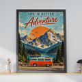 Retro Adventure Van Poster, Alpine Lake Travel Art, Vintage Campervan Print (Ready to Frame)