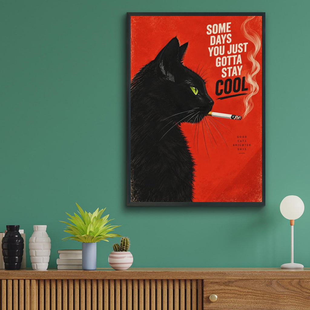 Retro Black Cat Poster, Bold Red Background, Vintage Style Print (A4)