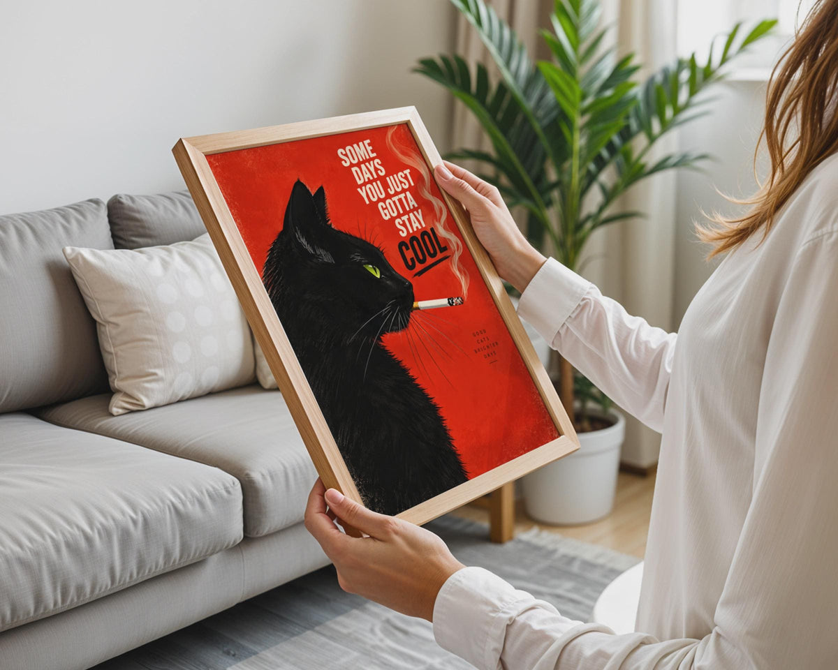 Retro Black Cat Poster, Bold Red Background, Vintage Style Print (A4)