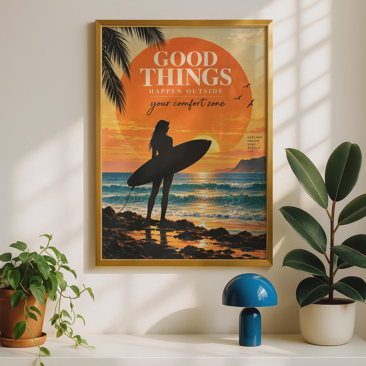 Vintage Surf Girl Sunset Poster, Motivational Beach Art Print (A4)